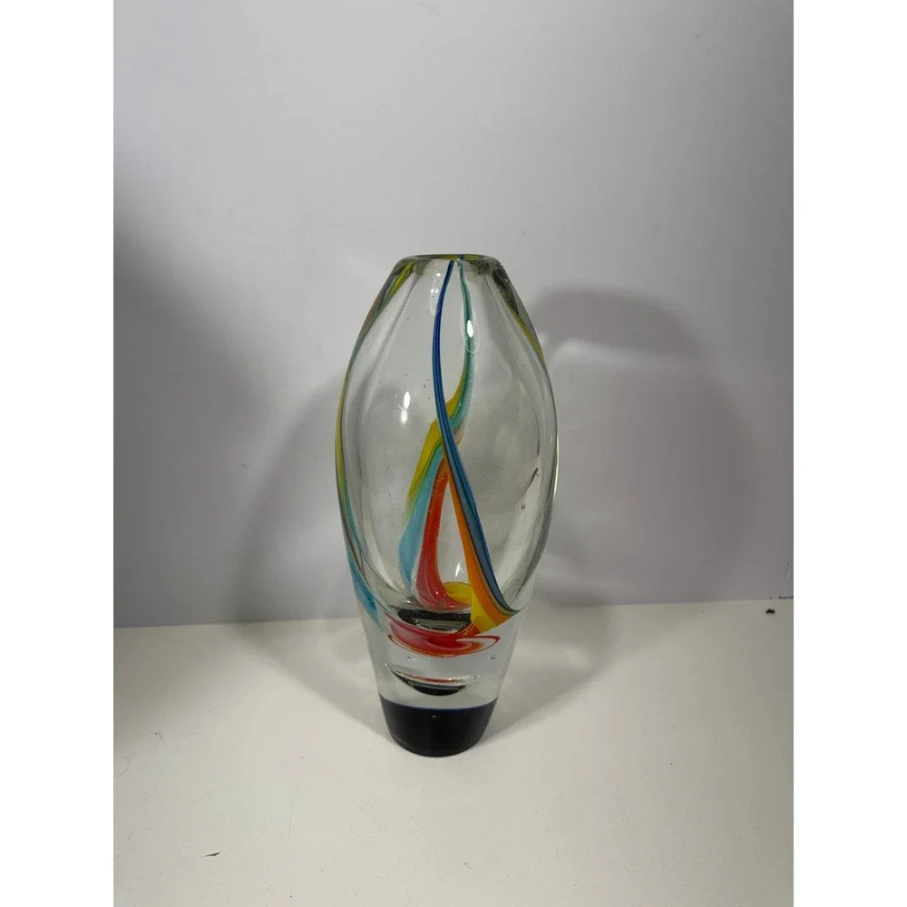 Murano Art Glass Bud Vase Sommerso Style Ribbon Swirl Blue Red Yellow VERY heavy